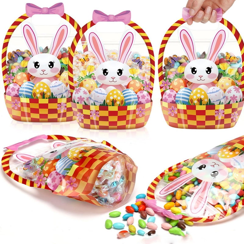 Easter Goodie Bags Plastic Candy Gift Bags with Handle Bunny Chick Pattern Transparent Treat Bags